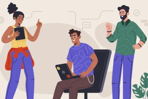 Coworkers exchanging work ideas.